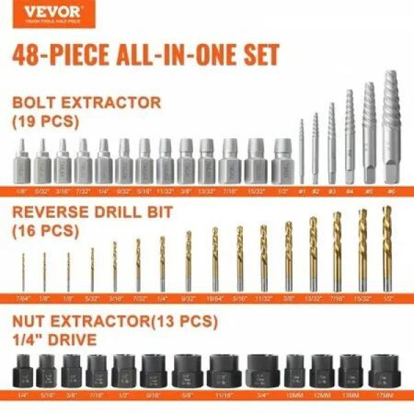 48-Piece Bolt Extractor Screw Extractor Set, with 13 PCS Bolt Extractor Set, 19 PCS Screw Extractors, 16 PCS Reverse HSS Drill Bits, Storage Case, for Removing Damaged Bolts, Screws, and Nuts