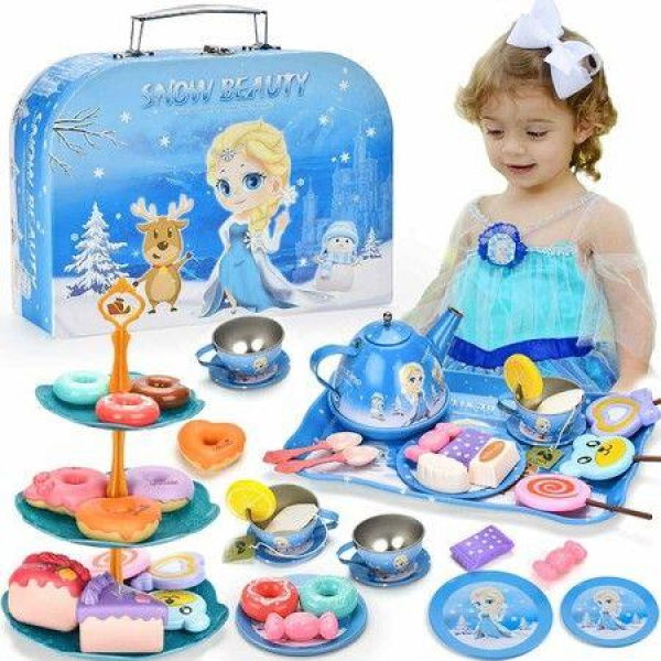 48 Piece Frozen Tea Party Set for Little Girls Princess Kitchen Pretend Play Toy with Desserts and Tin Tea Set