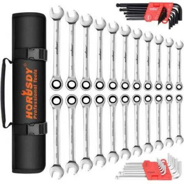 48-Piece Ratchet Wrench Set with Rolling Pouch - Metric SAE Allen Key & Hex Key Spanner Kit