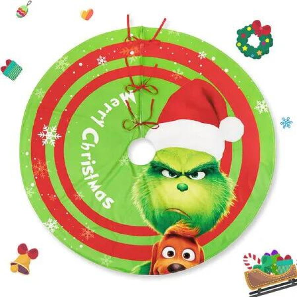 48in Green Christmas Tree Skirt for Merry Christmas Party Christmas Tree Decorations Green Monster and Dog