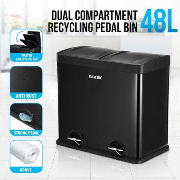 48L Rubbish Bin Dual Compartment Pedal Recycling Trashcan Kitchen Waste Garbage Household Stepbin Coated Steel Black