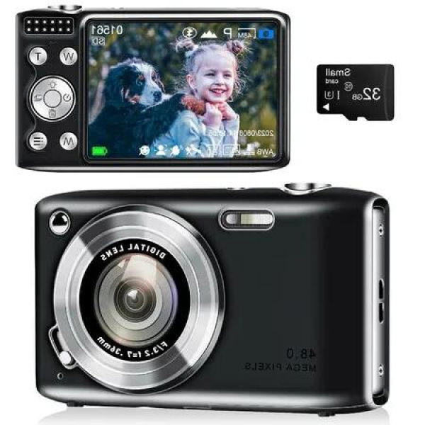 48MP Digital Camera for Beginners - Compact and Easy-to-Use with Macro Mode, 1080P HD Video, Flash, 16x Zoom, Anti-Shake, and 32GB SD Card (Black)