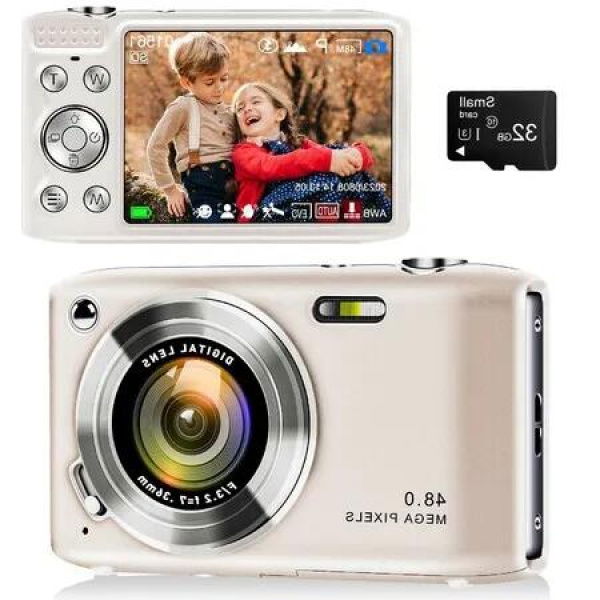 48MP Point and Shoot Digital Camera with 32GB SD Card, Macro Mode, 1080P HD, Flash, 16x Zoom, Anti Shake, 2.88 inch IPS Screen (Gold)