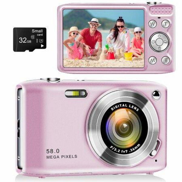 48MP Point and Shoot Digital Camera with Macro Mode,1080P HD Compact Digital Camera with Flash 16x Zoom Anti Shake Small Digital Camera With 32GB SD Card (Pink)