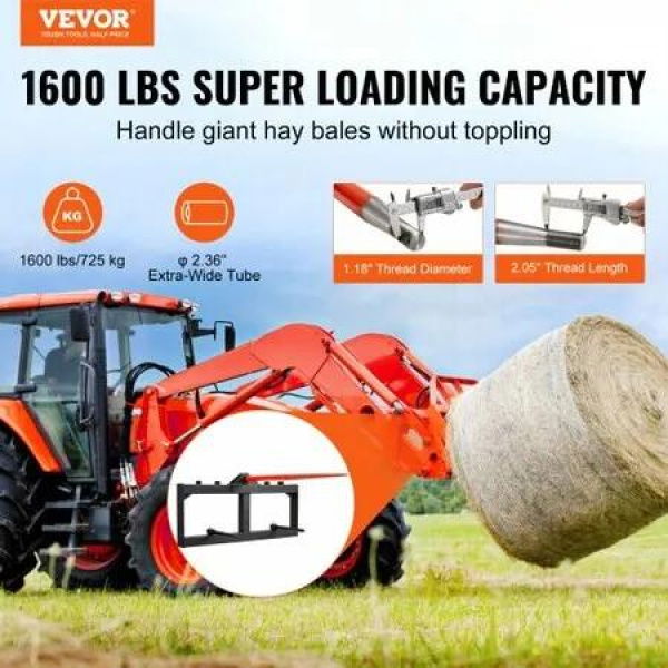 49' Hay Spear, Bale Spears 726kg Loading Capacity, Skid Steer Loader Tractor Attachment with 2pcs 17.5' Stabilizer Spears, Quick Attach Spike Forks