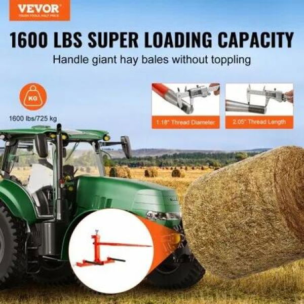 49' Hay Spear, Bale Spears 726kg Loading Capacity, Three-Point Hitch Tractor Attachment with 2pcs 17.5' Stabilizer Spears, Quick Attach Spike Forks