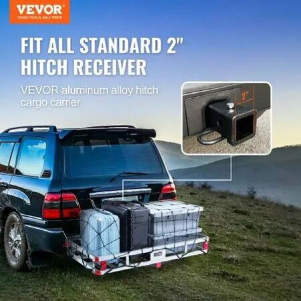 49.4 x 22.4 x 7.1 in Hitch Cargo Carrier, 500lb Capacity Trailer Hitch Mount Aluminum Cargo Basket, Luggage Carrier Rack Fits 2' Hitch Receiver for SUV Truck Pickup Camping