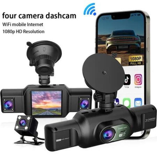 4CHS Dash Cam for Cars,Built in WiFi 360 Degree Panoramic Protection Front Interior Side and Rear Cameras Car DVR,IR Night Vision 4 Cameras Video Recorder