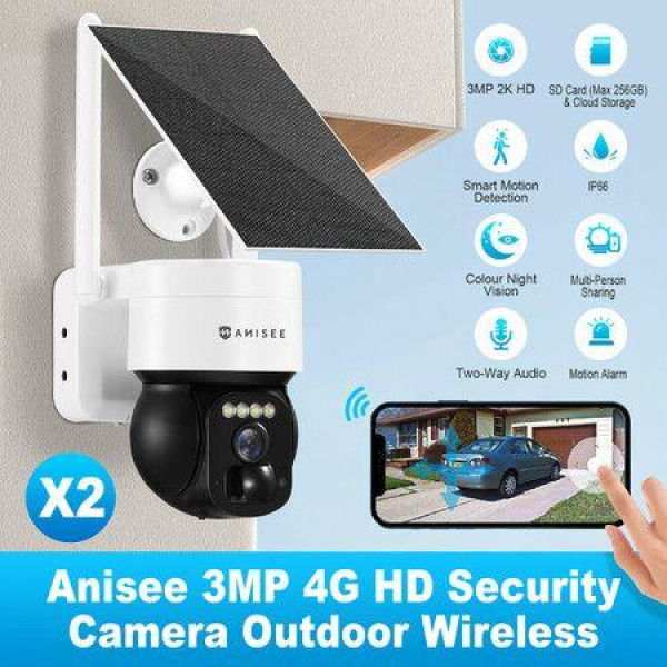 4G LTE Security Camerax2 Spy House Home CCTV Wireless Solar Surveillance System 2K HD 3MP WIFI PTZ Outdoor PIR Motion Detect Night Vision