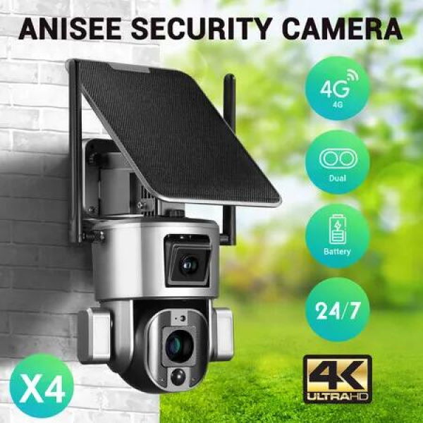 4G LTE Security Camerax4 Home CCTV House Spy Solar Wireless Outdoor Surveillance System Dual Lens 4K PTZ Batteries