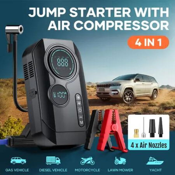 4IN1 Car Jump Starter Pack 12V Portable Auto Tyre Inflator Battery Charger Handheld Power Bank Compact Air Compressor Pump Booster Jumper LED Lights