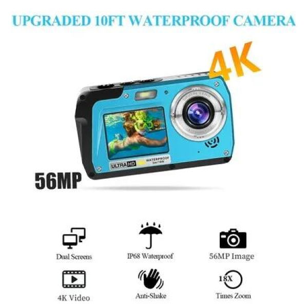 4K 10FT Waterproof Camera/UHD Video Recorder with IPS Dual Screens (3'/2'),56MP Underwater Photography Videography for Snorkeling (Blue)