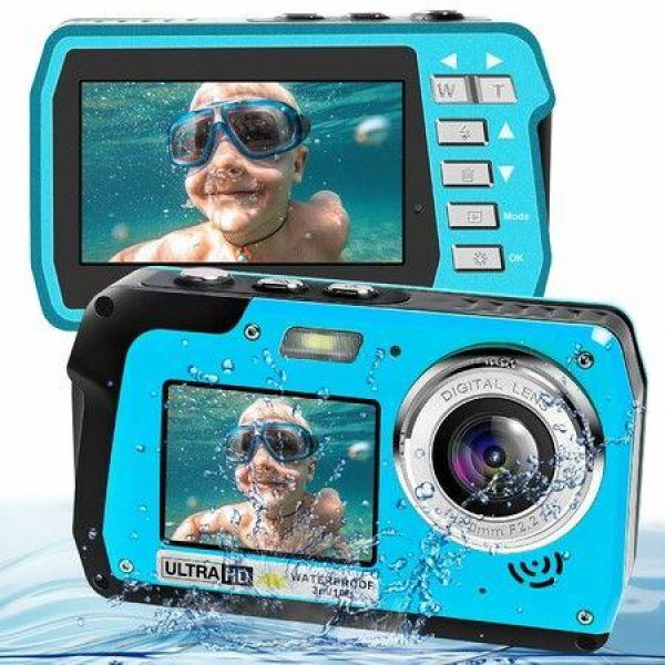 4K 30FPS Waterproof Camera 56MP Underwater Cameras UHD Video Recorder Selfie IPS Dual Screens 10FT Waterproof Digital Camera (Blue)