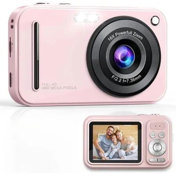 4K 48MP Digital Video Camera,2.4 Inch Screen,Auto Focus,16X Zoom For Travel Photography Kids Gift Student Color Pink 32G Memory Card Included