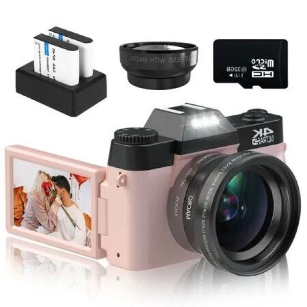 4K 48MP Vlogging Camera with 16X Zoom,Manual Focus,Rechargeable Battery,52mm Wide-Angle Lens & Macro Lens,32G Micro Card and 2 Batteries (Pink)