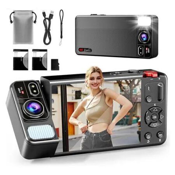 4K 64MP Cameras for Photography,270 Degree Flip Screen Vlogging Camera, Autofocus, 64GB Card, Point and Shoot Digital Cameras for Kids Teens(Black)