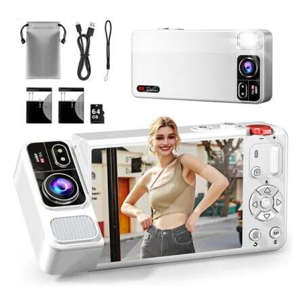 4K 64MP Cameras for Photography,270 Degree Flip Screen Vlogging Camera, Autofocus, 64GB Card, Point and Shoot Digital Cameras for Kids Teens(White)