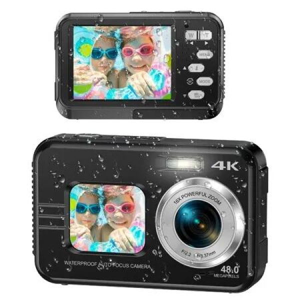 4K Camera Underwater Waterproof Selfie Dual Screen Snorkeling 48MP Autofocus 16X Zoom Portable 11FT Photography Adventure 2 Battery Black