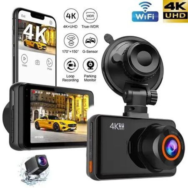 4K Dash Cam for Cars Front and Rear Dual Lens Auto Dashcam Time-lapse Video Built-in Wifi Support 24H Parking Monitor Loop Recording