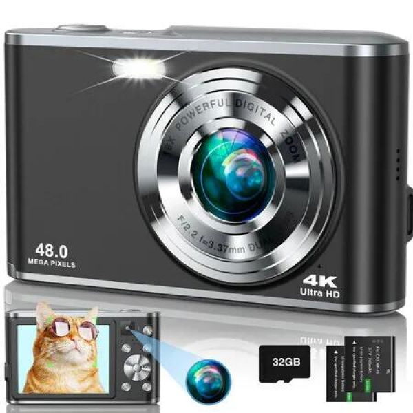 4K Digital Camera, 48MP Autofocus Kids Camera Selfie with Front and Rear Dual Lenses, 32GB Card,16X Digital Zoom, Compact Travel Vlogging Video(Black)