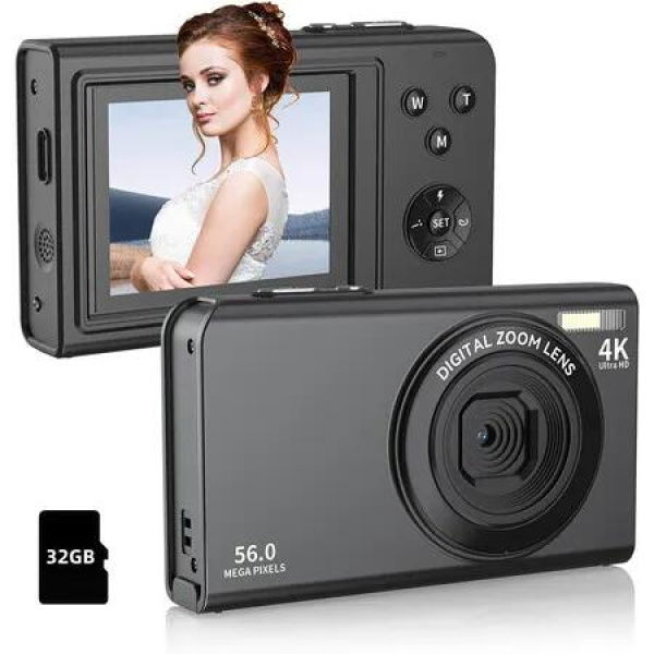 4K Digital Camera 56MP FHD 1080P with 16X Digital Zoom and Anti-Shake, 2.4 Inch Screen Compact Point and Shoot Camera with 32GB for Kids Beginners (Black)
