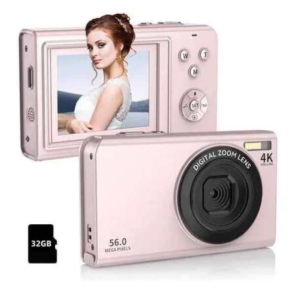 4K Digital Camera 56MP FHD 1080P with 16X Digital Zoom and Anti-Shake, 2.4 Inch Screen Compact Point and Shoot Camera with 32GB for Kids Beginners (Pink)