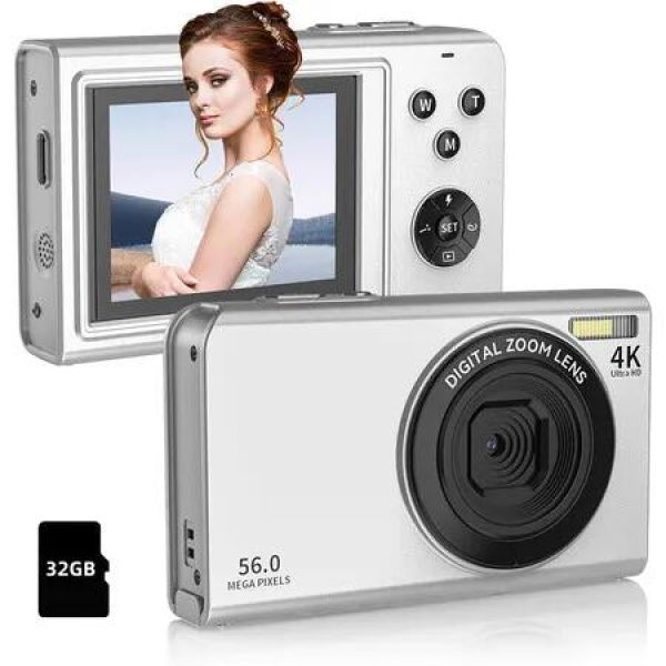 4K Digital Camera 56MP FHD 1080P with 16X Digital Zoom and Anti-Shake, 2.4 Inch Screen Compact Point and Shoot Camera with 32GB for Kids Beginners (Silver)