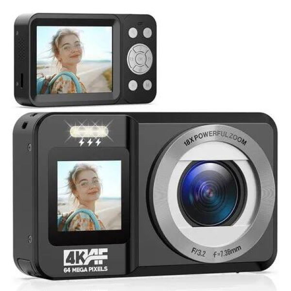 4K Digital Camera, 64MP 18X Point and Shoot Digital Cameras for Party YouTube Vlogging, Black