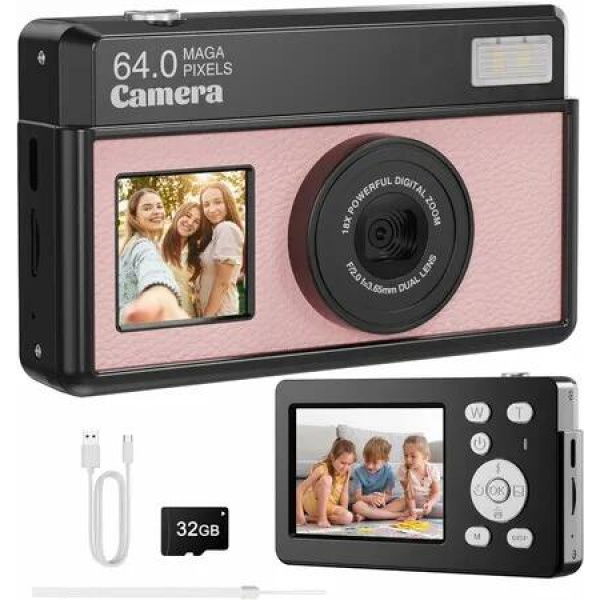 4K Digital Camera, 64MP FHD Autofocus Compact Camera with 32G SD Card, 18X Digital Zoom, Portable Mini Camera for Beginners (Black Pink)