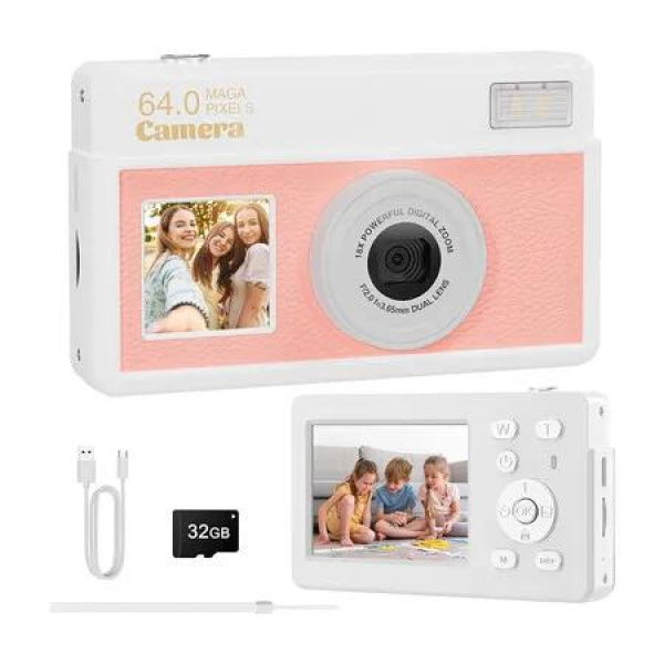 4K Digital Camera, 64MP FHD Autofocus Compact Camera with 32G SD Card, 18X Digital Zoom, Portable Mini Camera for Beginners (White Pink)