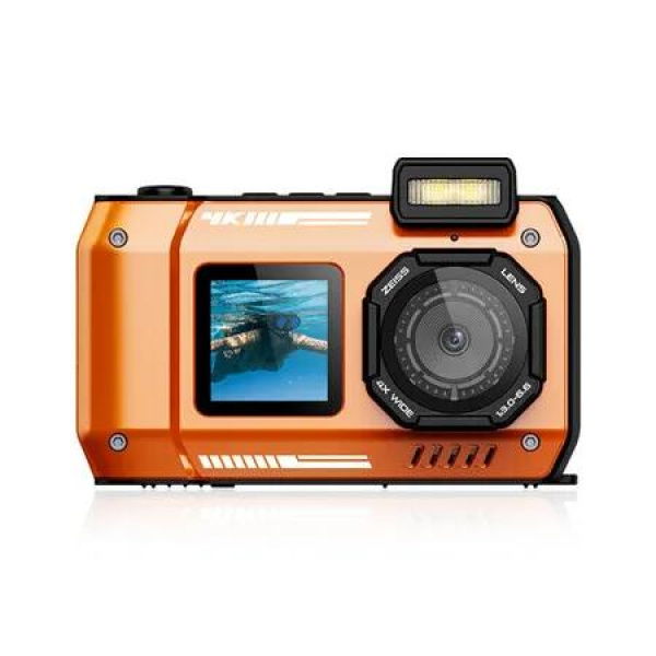 4K Digital Camera 65MP Autofocus Selfie Underwater Camera 33ft 10m Dual Screen Point Shoot for Snorkeling Waterproof Orange