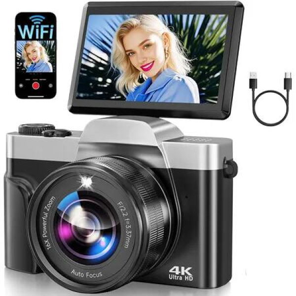 4K Digital Camera for Photography 64MP WiFi Vlogging Camera for YouTube Autofocus 3 inch 180 Degree Flip Screen 16X Zoom Compact Travel Cameras