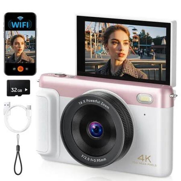 4K Digital Camera for Photography, 75MP WiFi Vlogging Camera for YouTube, 3 inch 180 Degree Flip Screen for Kids Beginner, 32GB, Pink