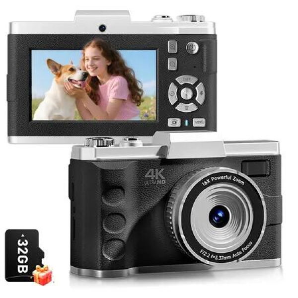 4K Digital Camera for Photography, Autofocus Anti Shake 64MP Vlogging Camera for YouTube Video, Rear and Front Cameras, 32GB Card, Black