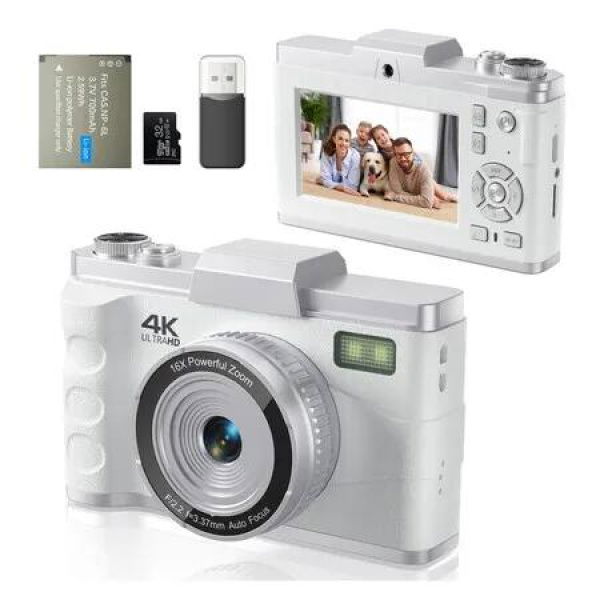 4K Digital Camera for Photography, Autofocus Anti Shake 64MP Vlogging Camera for YouTube Video, Rear and Front Cameras, 32GB Card, White