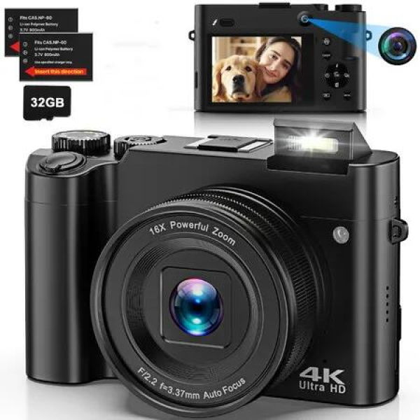 4K Digital Camera for Photography Dual 64MP 16X Digital Zoom Autofocus Vlogging 2.8 Screen Compact Travel Camera with 32GB SD Card,Anti-Shake,Flash