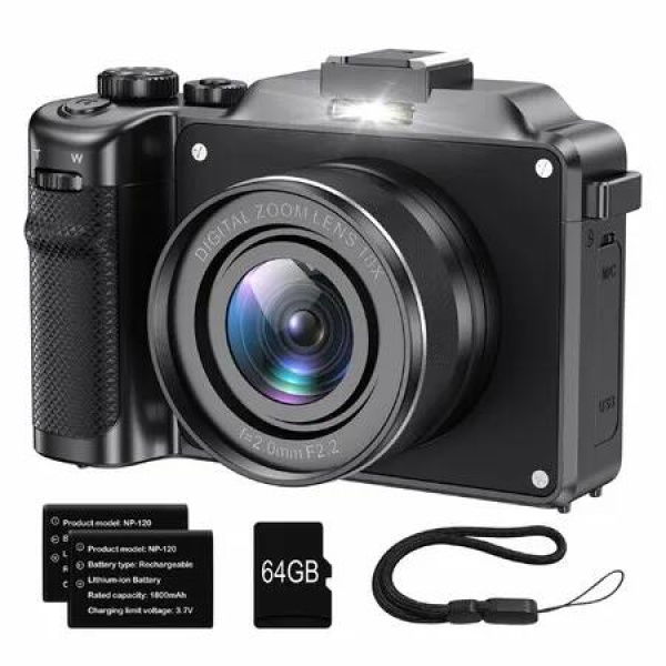 4K Digital Camera for Photography with Anti-Shake 56MP Compact Video Camera Travel Autofocus WiFi Vlogging Camera with 64GB TF Card