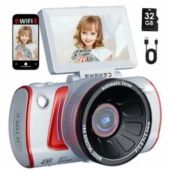 4K Digital Camera for Photography,64MP WiFi Vlogging Camera with 3In Flip Screen,18X Digital Zoom,Point and Shoot Cameras with 32GB SD Card (Silver)