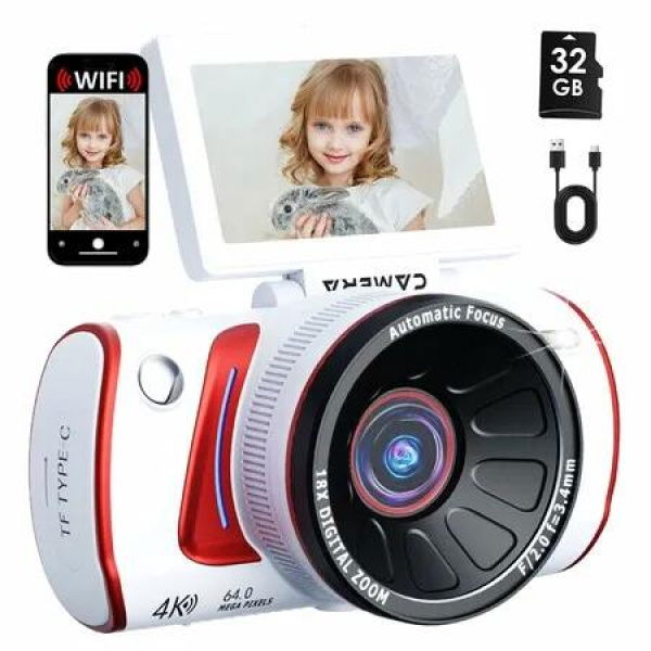 4K Digital Camera for Photography,64MP WiFi Vlogging Camera with 3In Flip Screen,18X Digital Zoom,Point and Shoot Cameras with 32GB SD Card (White)