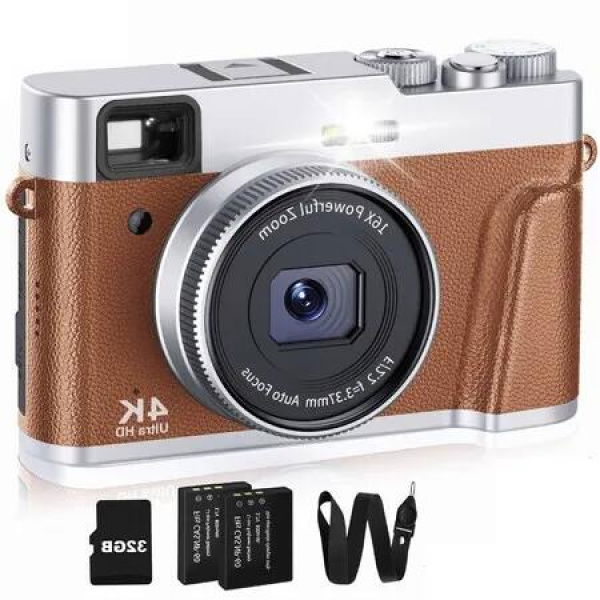 4K Digital Camera with 32GB SD Card and Autofocus, 48MP Vlogging Camera with Anti-Shake, Compact Travel Camera with 16X Zoom and 2 Batteries