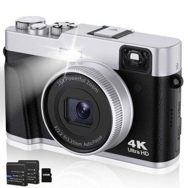 4K Digital Camera with Viewfinder Flash & Dial,48MP Vlogging Camera,AF Anti-Shake,Travel Portable Digital Camera with 2 Batteries,16X Zoom