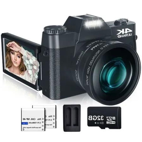 4K Digital Camera with WiFi,Touch Screen,48MP Vlogging Perfect for creating YouTube content,32GB SD Card,Lens Hood,16X Digital Zoom,52mm Wide Angle & Macro Lens,2 Batteries(Black)