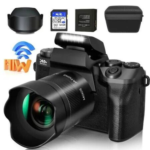 4K Digital Camera with WiFi,Touch Screen,64MP Vlogging,32GB SD Card,Lens Hood,3000mAH Battery,Front & Rear Cameras-Black