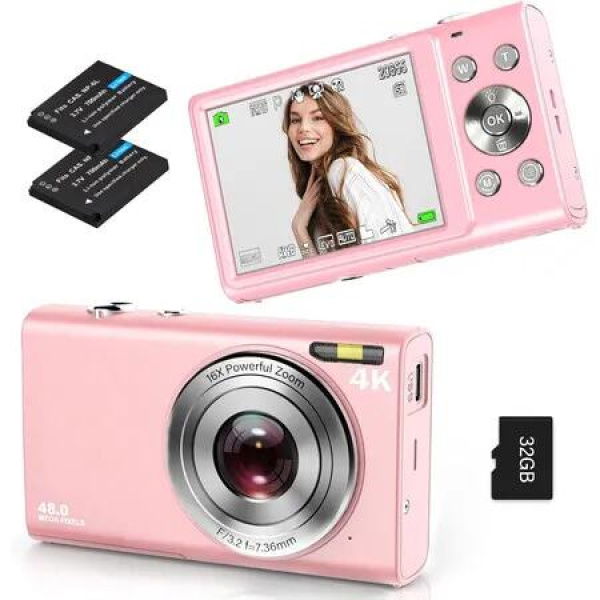 4K Digital Camera YouTube Vlogging Cam Autofocus 32GB Card 48MP 16X Zoom Anti-Shake Compact Point Shoot Portable Camera Pink
