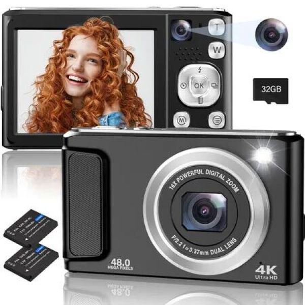 4K Digital Camera,48MP Autofocus Cameras for Photography,Vlogging Compact Camera with Front and Rear Camera,16X Zoom Protable Point and Shoot Cameras with 32GB SD Card,Anti-Shake,2 Batteries (Black)