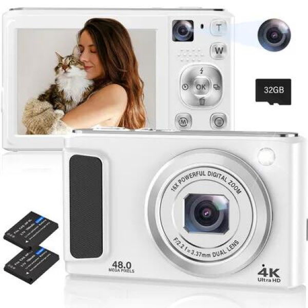 4K Digital Camera,48MP Autofocus Cameras for Photography,Vlogging Compact Camera with Front and Rear Camera,16X Zoom Protable Point and Shoot Cameras with 32GB SD Card,Anti-Shake,2 Batteries (White)