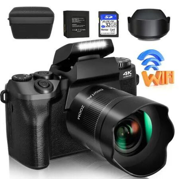 4K Digital Camera,64MP WiFi Touch Screen Vlogging Camera with Flash,32GB SD Card,Lens Hood,Front and Rear Cameras - Black