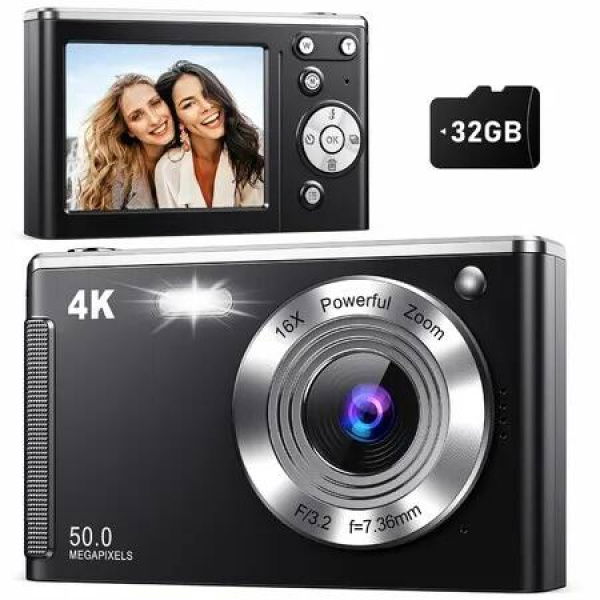 4K Digital Camera,Autofocus 50MP UHD Vlogging Camera,Compact Camera with 16X Digital Zoom Anti-Shake,Travel Camera with 32GB Card,2 Batteries Black