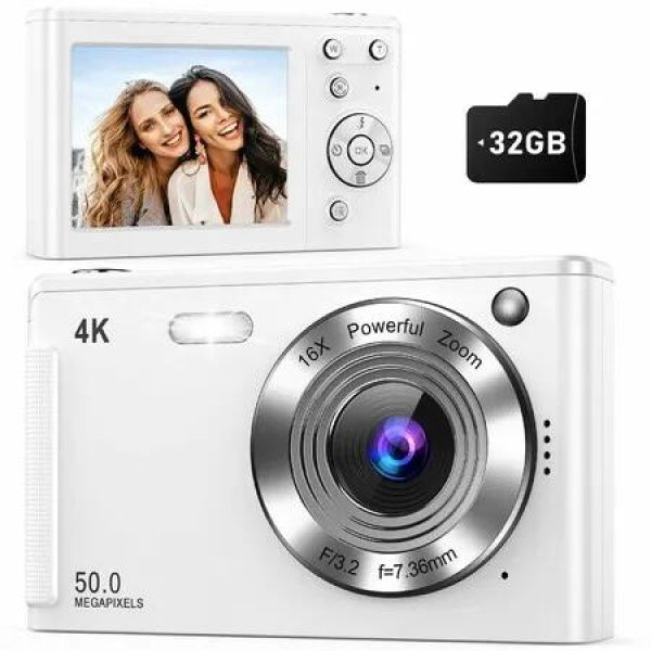 4K Digital Camera,Autofocus 50MP UHD Vlogging Camera,Compact Camera with 16X Digital Zoom Anti-Shake,Travel Camera with 32GB Card,2 Batteries White