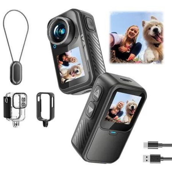 4K Dual Screen Sports Camera, Thumb Action Camera, Wearable on Chest for POV Shooting, Waterproof Action Camera for Running Cycling Swimming Hiking